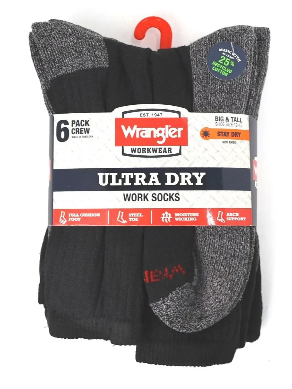 Wrangler Workwear Ultra Dry Crew Socks 6-Pack Big & Tall